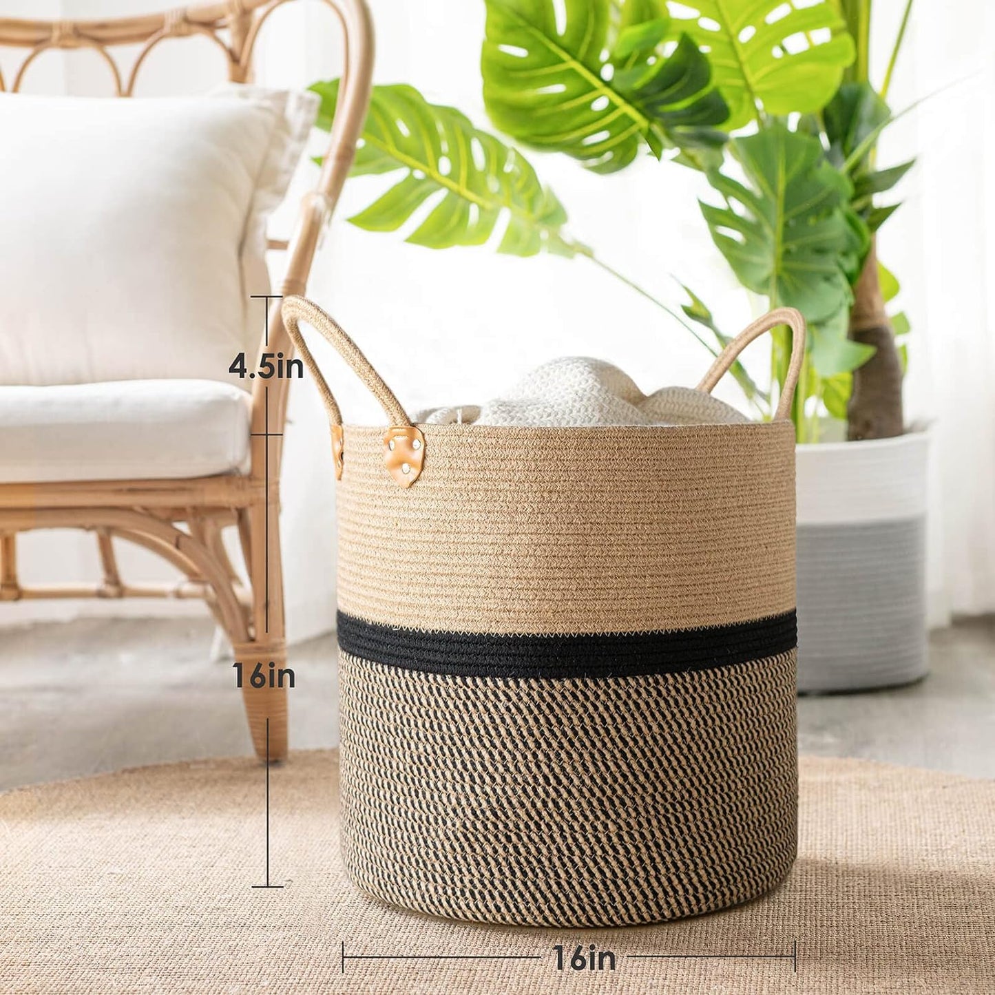 Extra Large Jute Basket Woven Storage Basket with Handles – Laundry Basket Toy Towels Blanket Basket Home Decor Gift, 16" X 16", Black