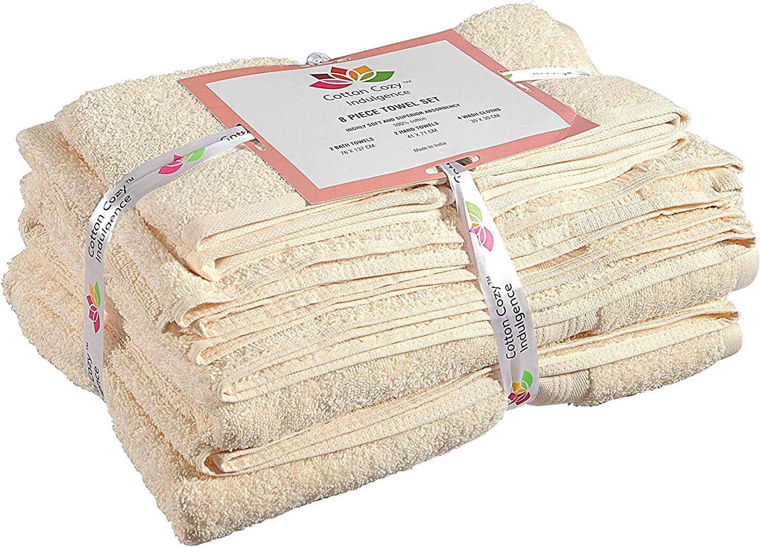 600 GSM 8 Piece Towels Set 100% Cotton Indulgence, Luxury 2 Bath Towel, 2 Hand Towel & 4 Washcloth, Premium Hotel & Spa Quality, Highly Absorbent, Classic American Construction, Ivory