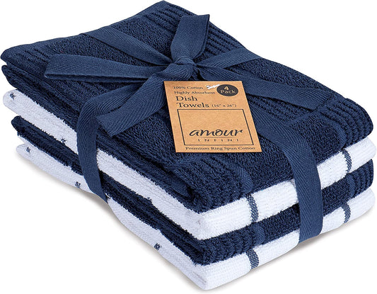 Kitchen Towels Set of 4 - Fast Absorbing, Quick Dry & Super Soft Terry Cotton Dish Towel with Hanging Loop for Cleaning and Drying Dish (16 X 26 Inches - Blue)