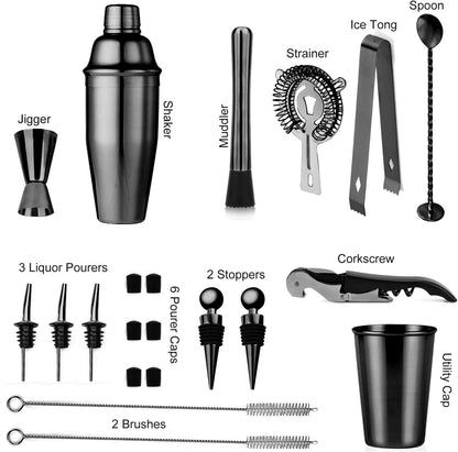 Black 24-Piece Cocktail Shaker Set,Perfect Home Bartending Kit for Drink Mixing,Stainless Steel Bar Tools with Stand,Velvet Carry Bag & Recipes Included