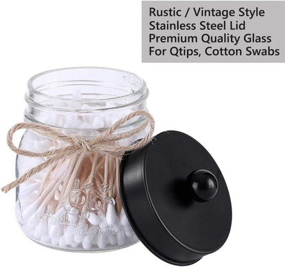 2 Pack Glass Mason Jar Mason Jar Bathroom Vanity Organizer with Black Stainless Steel Lid, Rustic Mason Jar Cotton Ball/Swabs/Rounds Holder Farmhouse, Mason Jar Decor Bathroom Storage - Black