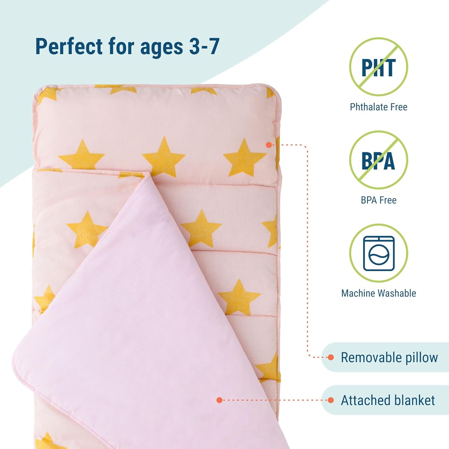 Original Nap Mat with Reusable Pillow for Boys & Girls, Perfect for Elementary Daycare Sleepovers, Features Hook & Loop Fastener, Cotton Blend Materials Nap Mat for Kids