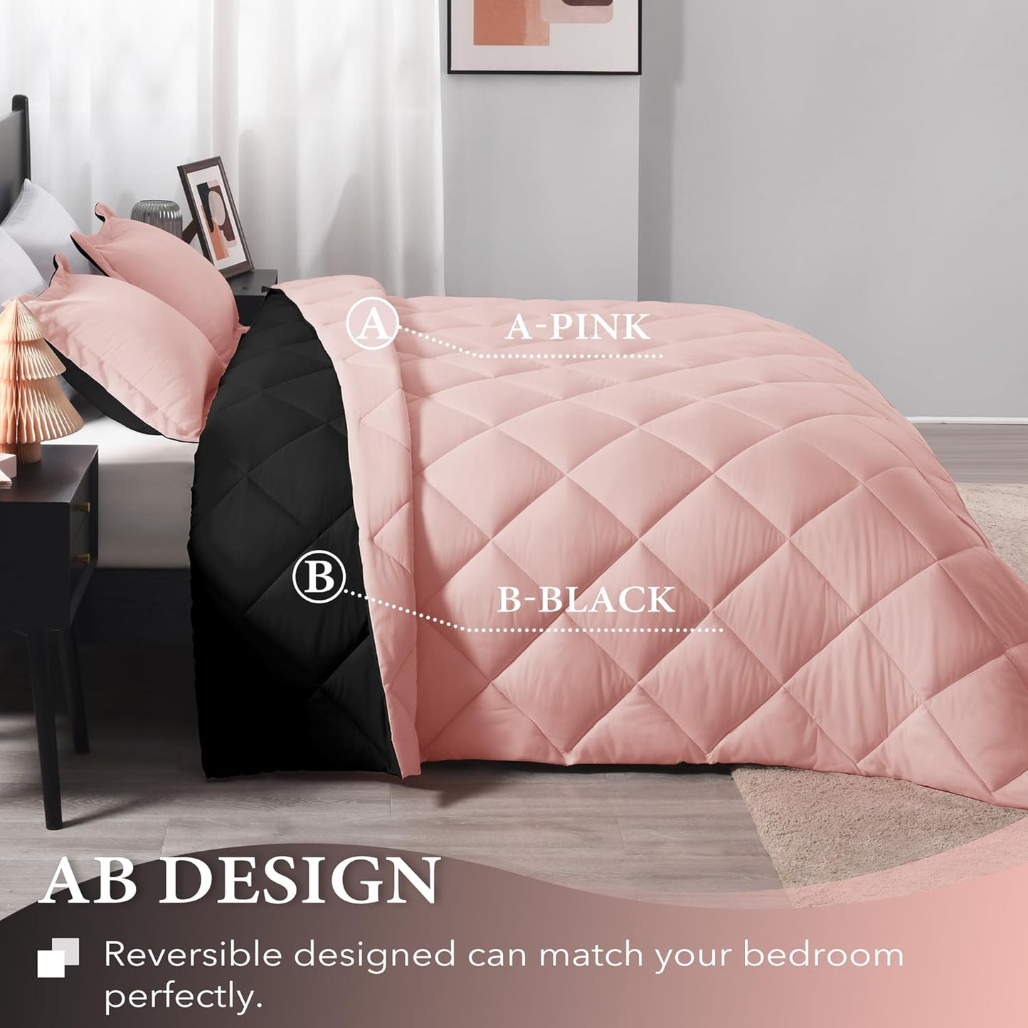 Twin Comforter Set - Pink and Black Twin Comforter, Soft Bedding Sets for All Seasons -2 Pieces - 1 Comforter (66"X92") and 1 Pillow Sham(20"X26")