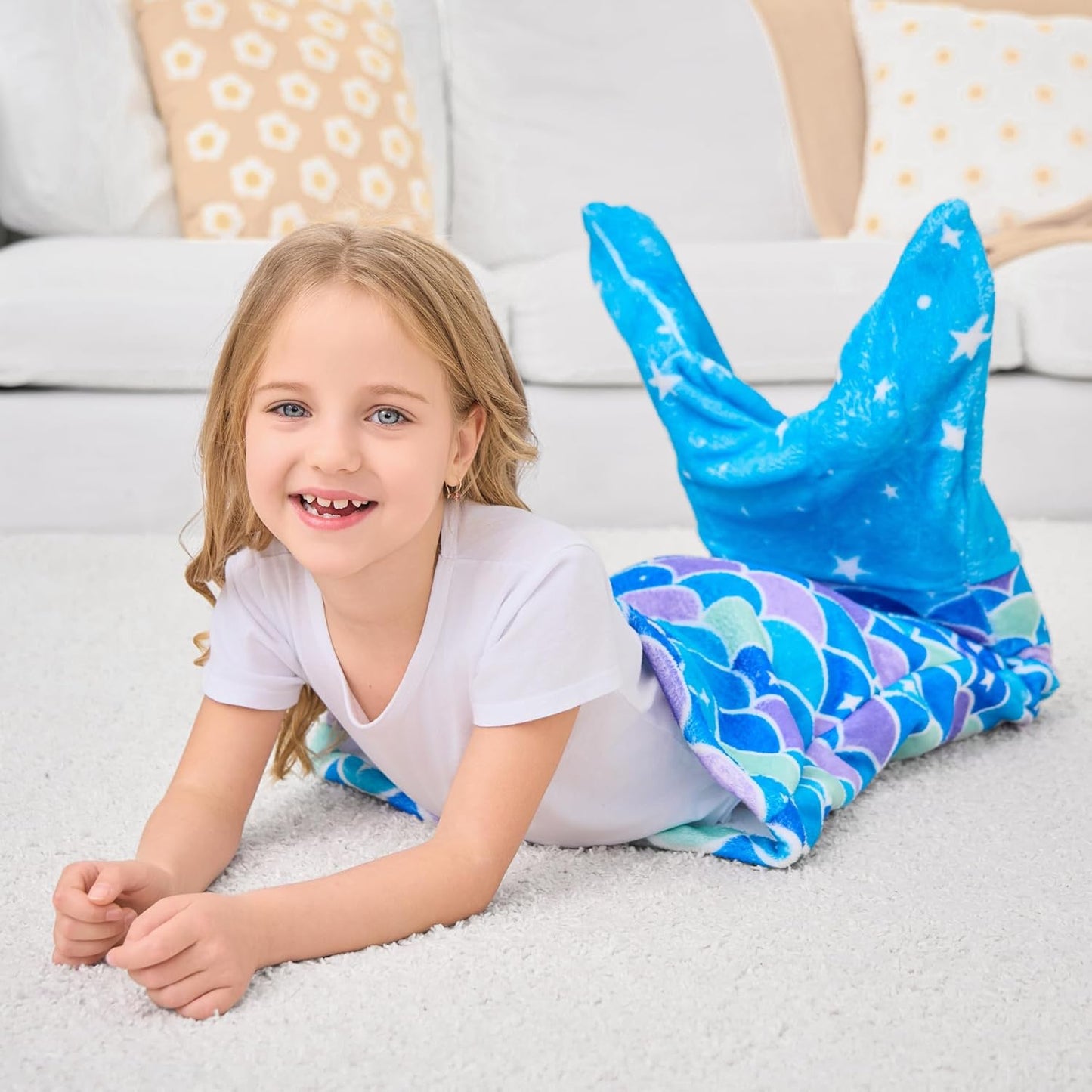 Kids Mermaid Tail Blanket, Soft Flannel Blanket, Girl'S Mermaid Toys, Toddlers Girls Fleece Mermaid Tail Blanket with Star, Fish Scale Pattern, Blue, Gifts for Girls, 17" X 39"