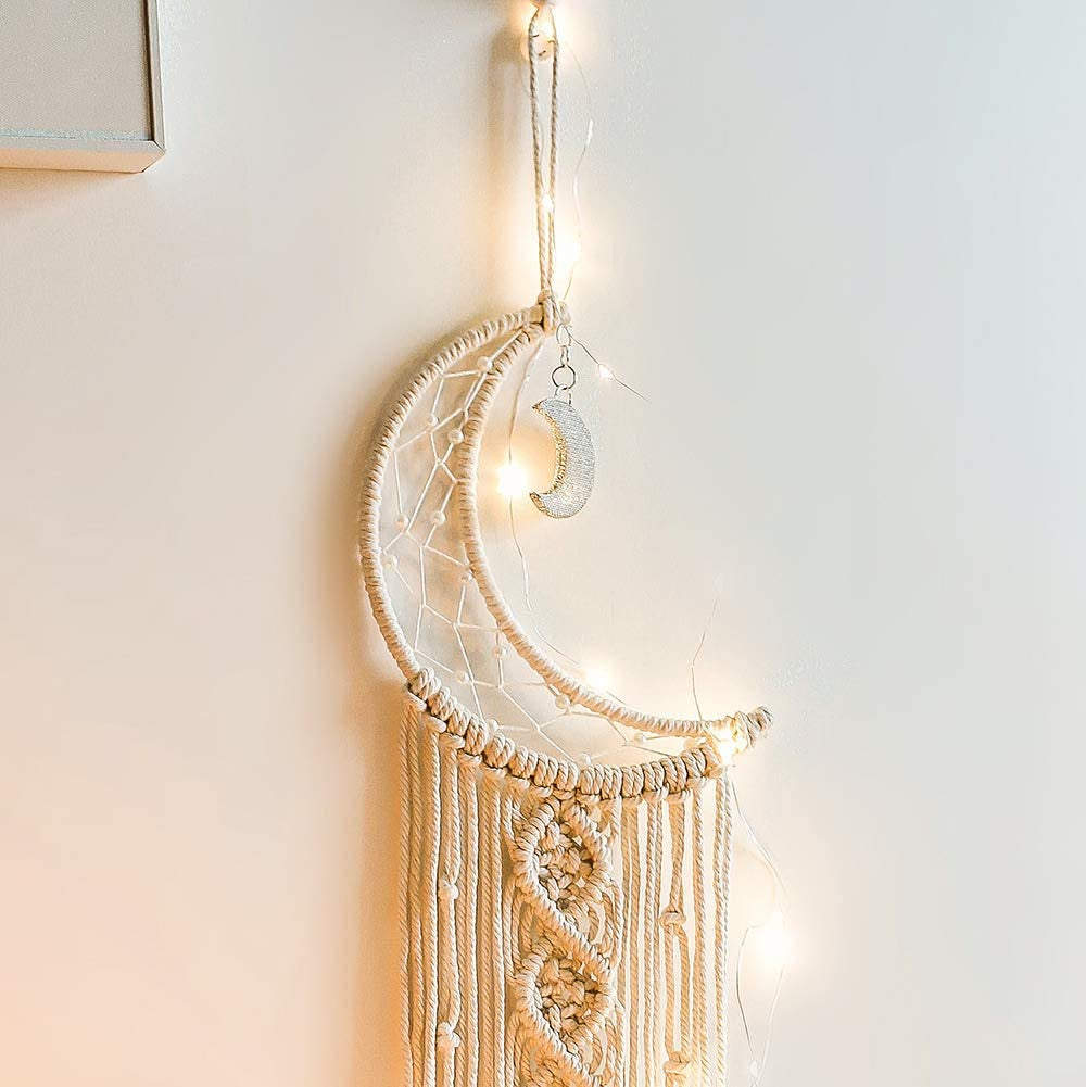 Boho Macrame Woven Wall Hanging, Crochet Crescent Moon Star Dream Catcher with Long Tassel- White Cotton Handmade Bohemian Nursery Decor Decoration Art Craft for Kids Bedroom Dorm Room