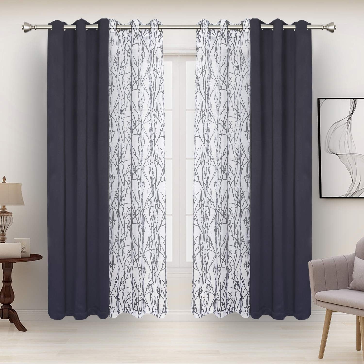 Mix and Match Curtains - 2 Pieces Branch Print Sheer Curtains and 2 Pieces Blackout Curtains for Bedroom Living Room Grommet Window Drapes, 37X63 Inch/Panel, Grey Dark, Set of 4 Panels