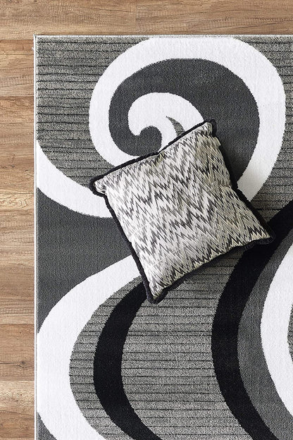 Modern Area Rug Swirls Carpet Bedroom Living Room Contemporary Dining Accent Sevilla Collection 4817 (4X6, Grey Black)