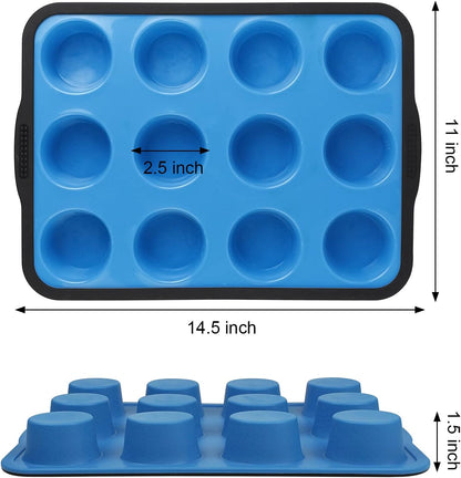 Non-Stick Silicone Muffin Pan with Reinforced Stainless Steel Frame Inside,12 Cup Regular Muffin Baking Mold, 12 Cup Muffin Tin, BPA Free,Dishwasher Safe, Blue