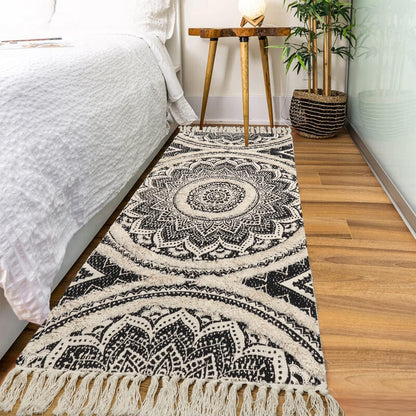 Mandala Boho Runner Rug, 2.3' X 5.3' Tufted Hand Woven Washable Hallway Black Cream Chic Tassels Door Mat Farmhouse Indoor Floor Rugs for Bedroom/Kitchen/Bathroom/Living Room