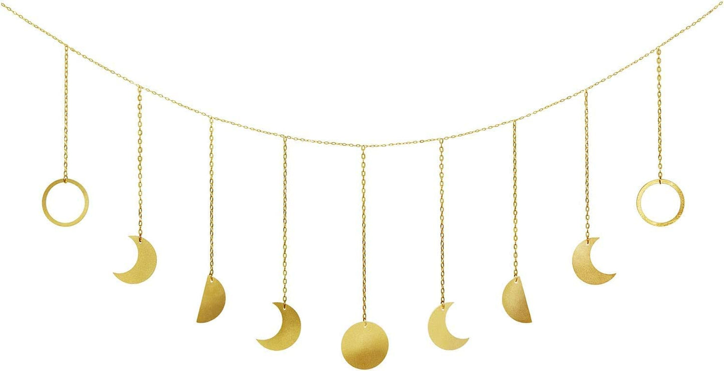 Moon Phase Wall Hanging Boho Aesthetic Room Decor Metal Moons Garland Hanging Art Bohemian Home Decoration for Girls Room Nursery Bedroom Livingroom Dorm, Ideal, Gold, 50"