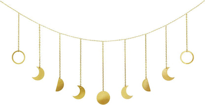 Moon Phase Wall Hanging Boho Aesthetic Room Decor Metal Moons Garland Hanging Art Bohemian Home Decoration for Girls Room Nursery Bedroom Livingroom Dorm, Ideal, Gold, 50"