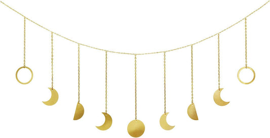 Moon Phase Wall Hanging Boho Aesthetic Room Decor Metal Moons Garland Hanging Art Bohemian Home Decoration for Girls Room Nursery Bedroom Livingroom Dorm, Ideal, Gold, 50"