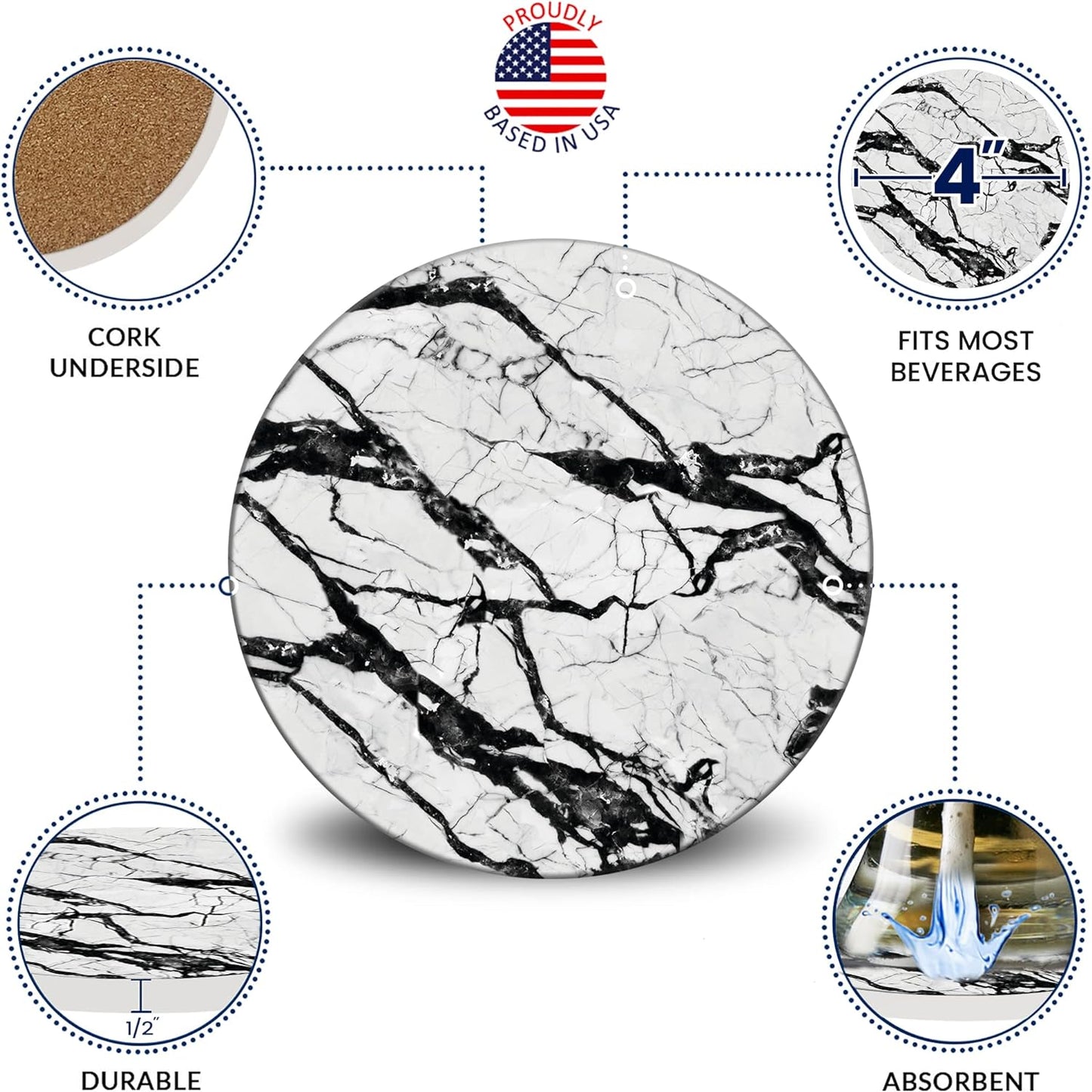 Emerson Coasters for Drinks Absorbent Set of 6 with Holder – Marble Style Coasters – Coasters for Drinks – Drink Coasters for Coffee Table – 100% Ceramic Stone Non Slip – Heavy Duty (Boulder)