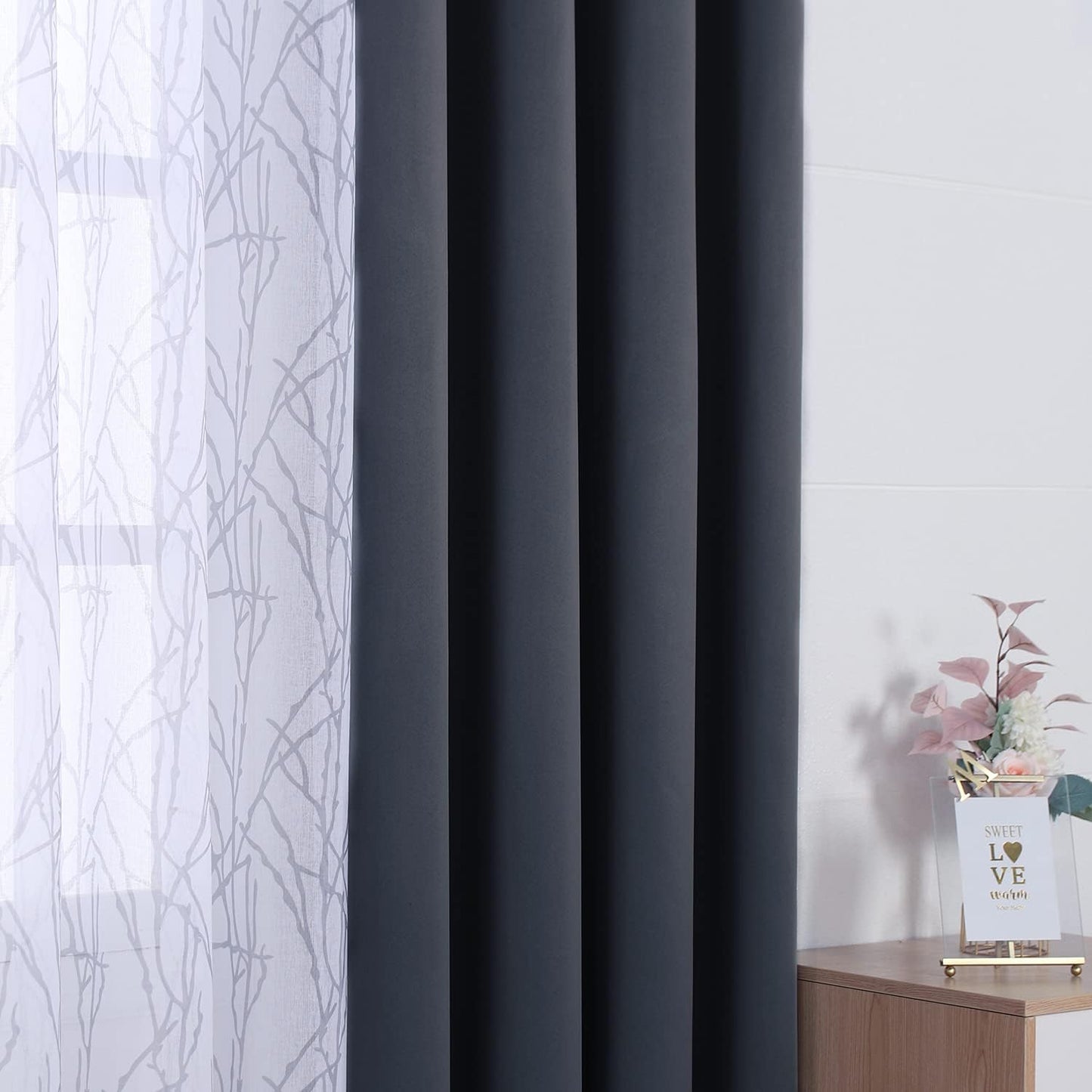 Mix and Match Curtains - 2 Pieces Branch Print Sheer Curtains and 2 Pieces Blackout Curtains for Bedroom Living Room Grommet Window Drapes, 37X63 Inch/Panel, Grey Dark, Set of 4 Panels