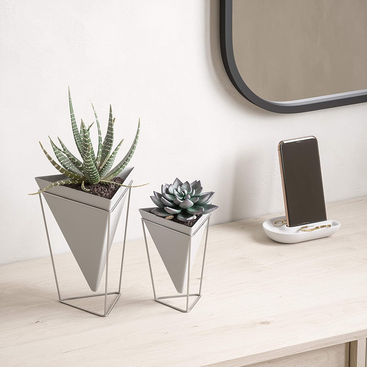 Trigg Desktop Planter Vase & Geometric Ceramic Container - Great for Succulent Plants, Air Plant, Mini Cactus, Faux Plants and More, Set of 2, Tabletop, White/Nickel