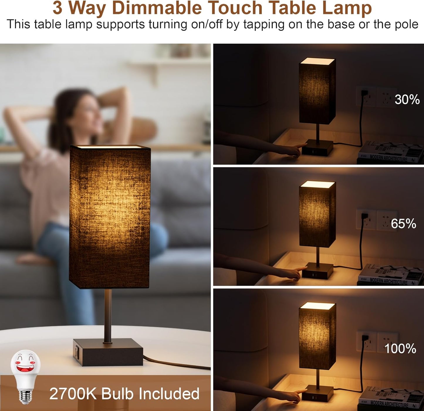 Table Lamp for Bedroom, 3 Way Dimmable Touch Bedside Lamp, Small Lamp with 2 USB C+A Charging Ports, Black Nightstand Lamps for End Table, Living Room, Desk, Bulb Included