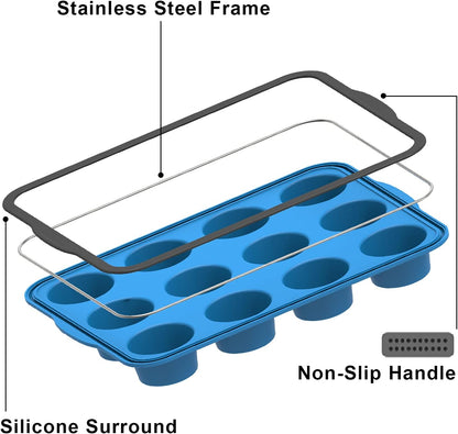 Non-Stick Silicone Muffin Pan with Reinforced Stainless Steel Frame Inside,12 Cup Regular Muffin Baking Mold, 12 Cup Muffin Tin, BPA Free,Dishwasher Safe, Blue