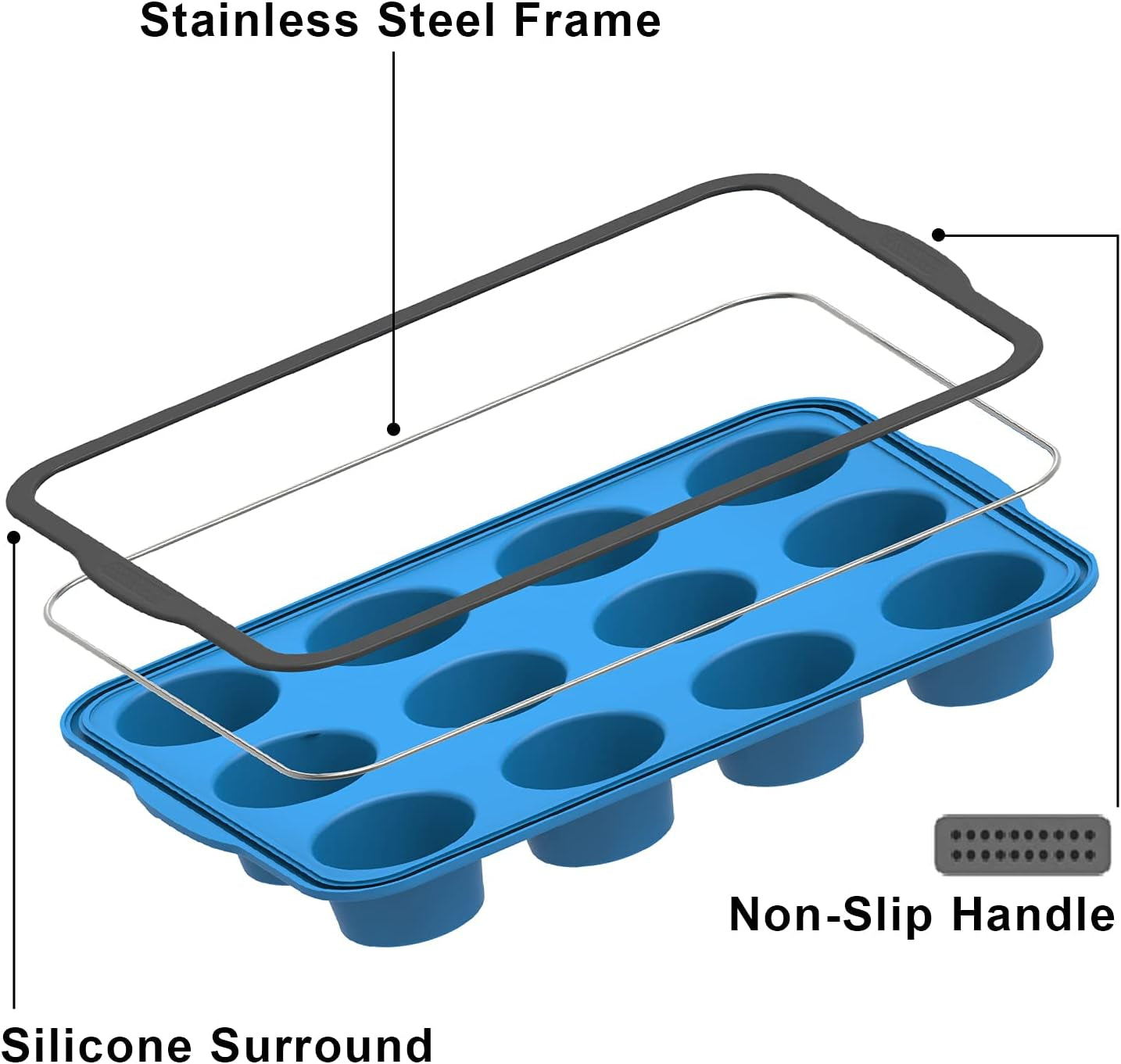 Non-Stick Silicone Muffin Pan with Reinforced Stainless Steel Frame Inside,12 Cup Regular Muffin Baking Mold, 12 Cup Muffin Tin, BPA Free,Dishwasher Safe, Blue