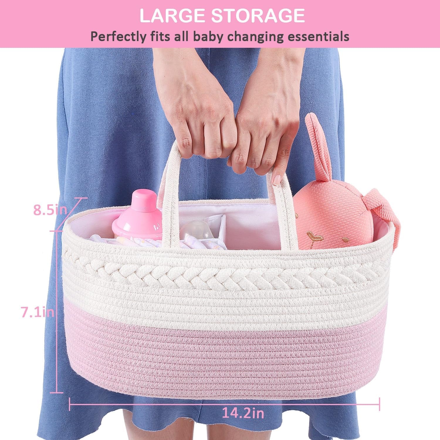 Diaper Caddy Organizer, Cotton Rope Nursery Baby Basket, Changing Table Organizer for Baby Diaper Storage, Diaper Nursery Storage Bin for Baby Stuff, Baby Shower Gifts for Girls, Pink