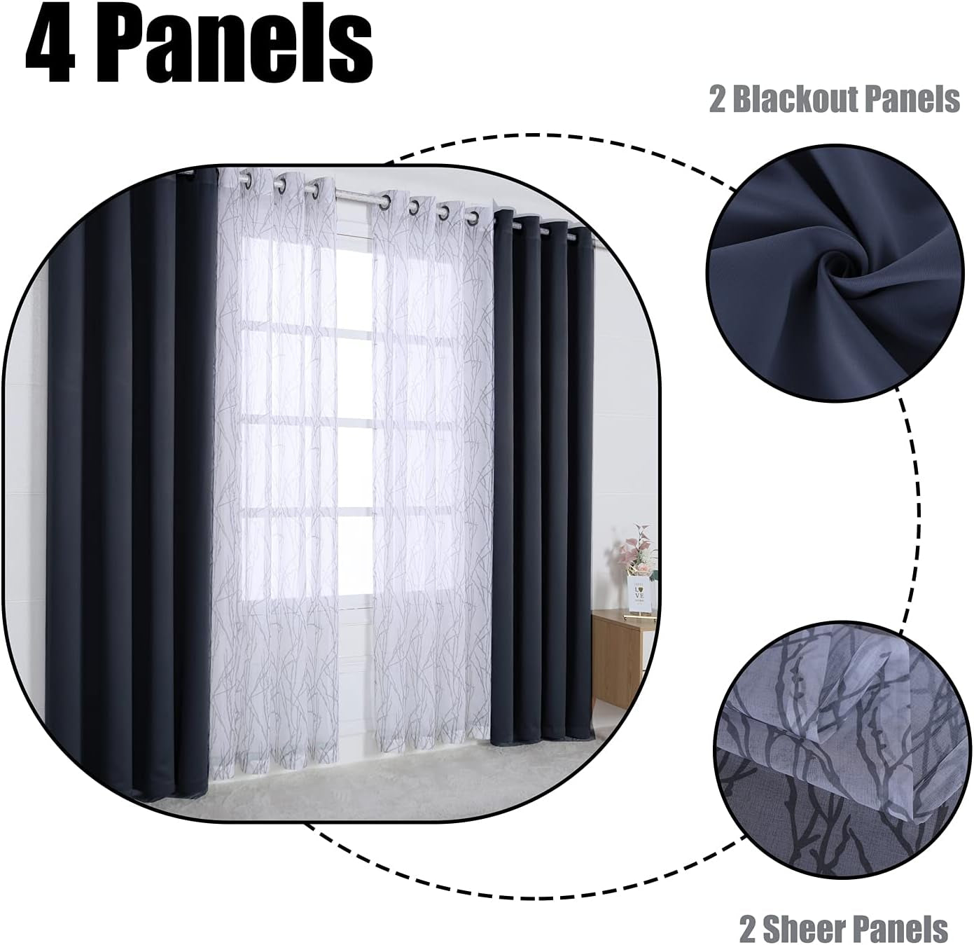 Mix and Match Curtains - 2 Pieces Branch Print Sheer Curtains and 2 Pieces Blackout Curtains for Bedroom Living Room Grommet Window Drapes, 37X63 Inch/Panel, Grey Dark, Set of 4 Panels