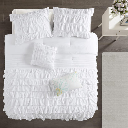 Comforter Set Twin, Waterfall Multi Layers Ruffle Comforter Set, Shabby Chic Preppy Bedding Set, Soft Twin Comforter Set for Teen Girls, Toss Pillow, Twin/Twin XL White 4 Piece