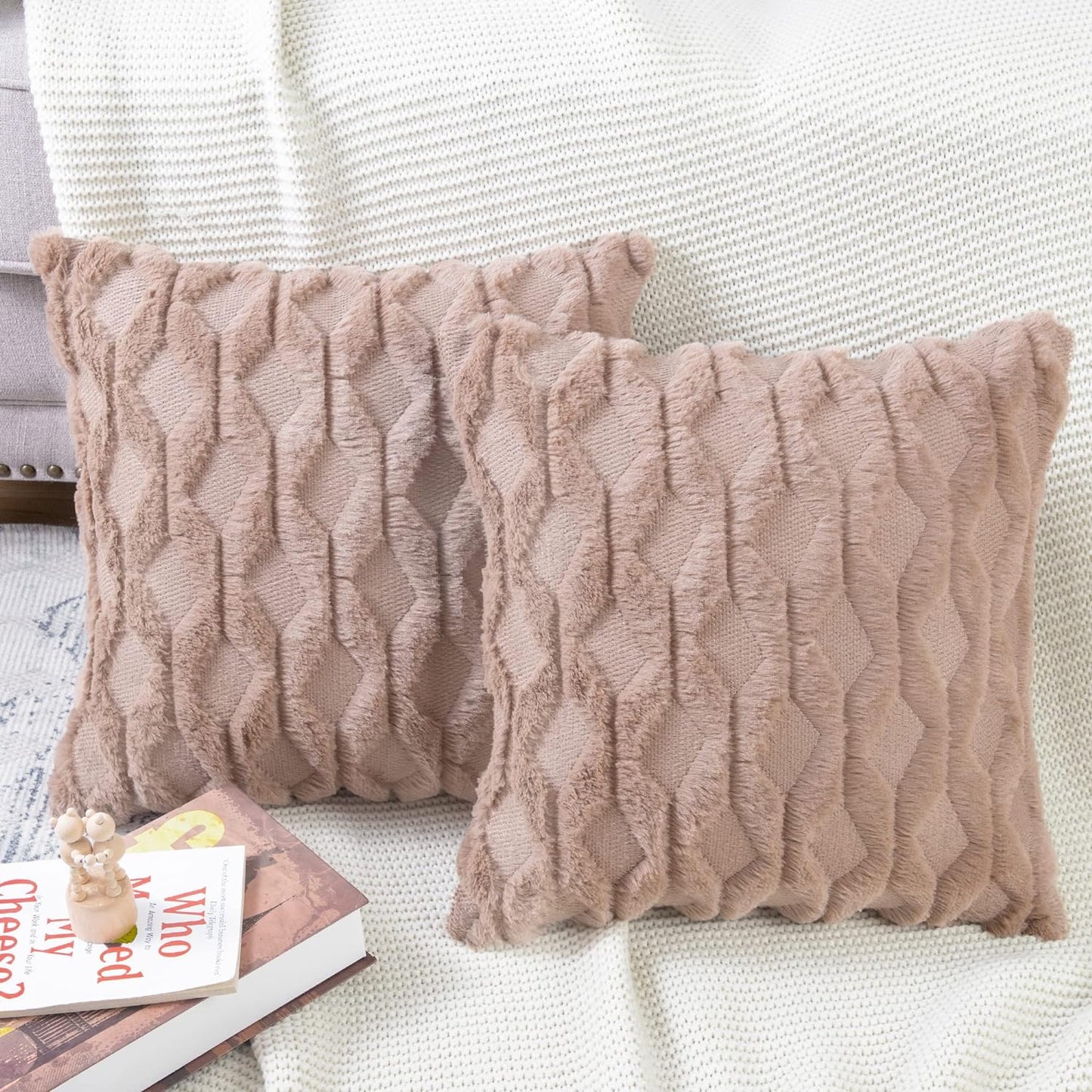 Set of 2 Soft Plush Short Wool Velvet Decorative Throw Pillow Covers 26X26 Inch Light Brown Square Luxury Style Cushion Cases European Pillow Shell for Sofa Bedroom