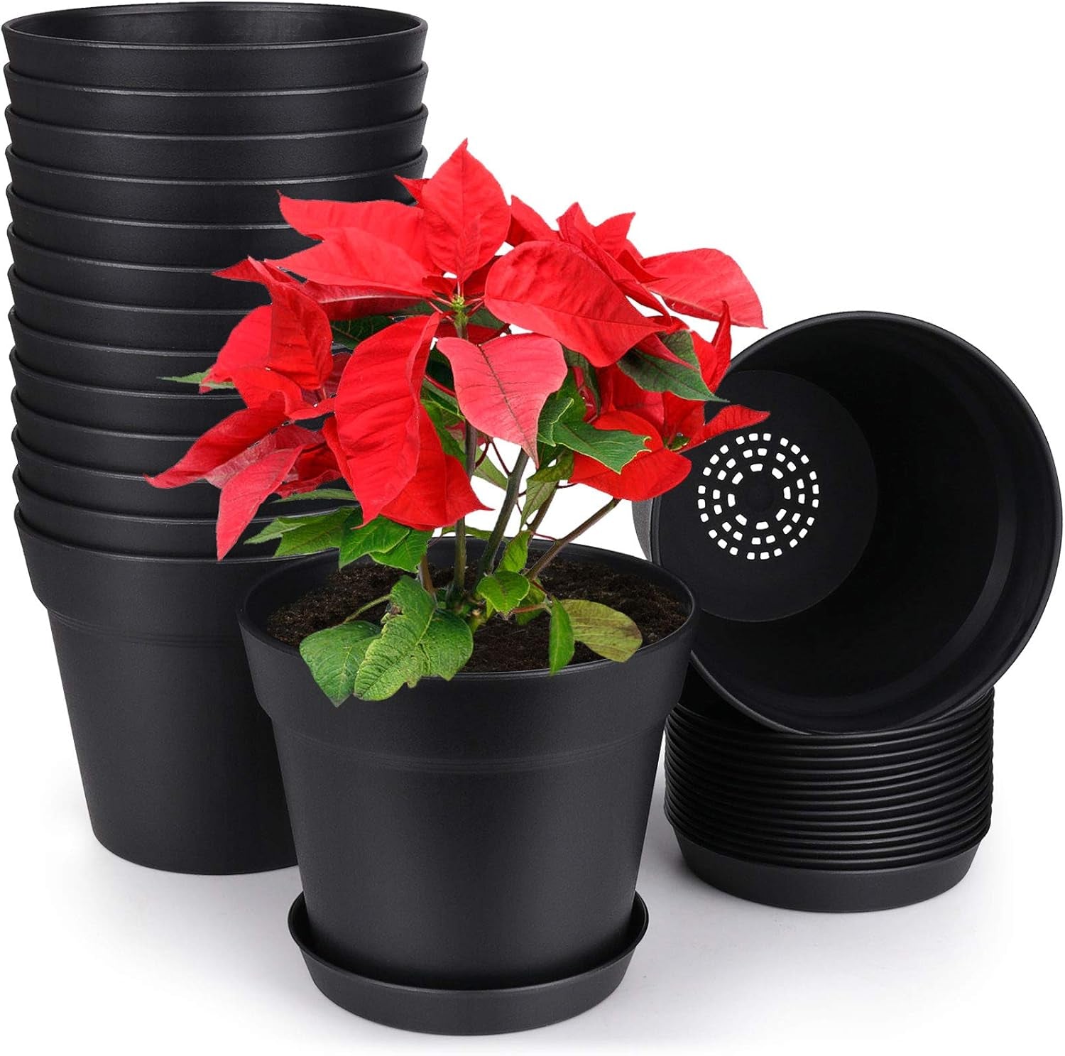 Pots for Plants, 15 Pack 6 Inch Plastic Planters with Multiple Drainage Holes and Tray,Plant Pots for All Home Garden Flowers Succulents (Black)