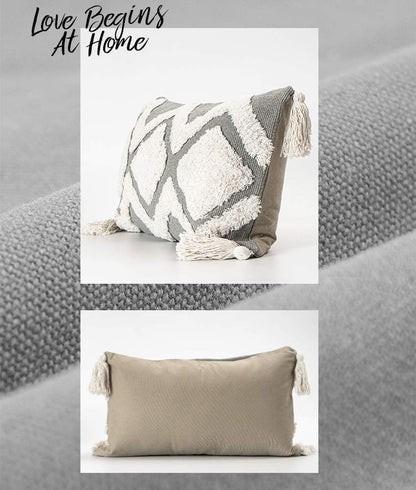 Lumbar Small Decorative Throw Pillow Covers 12 X 20 Inches for Couch Sofa Bedroom Living Room, Woven Tufted Boho Pillows Cover with Tassels, Cute Grey Farmhouse Pillows Case