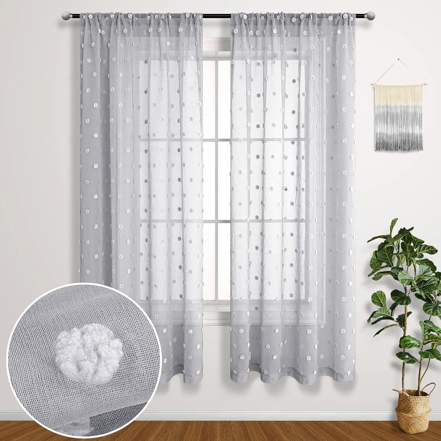 Grey Curtains 63 Inch Length for Boho Boys Nursery Decor 2 Panel Sets Semi Sheer Rod Pocket Pom Pom Embroidery Cute Fuzzy Curtains for Girls Room Kids Bedroom Area 52 X 63 Inches Long Light Gray